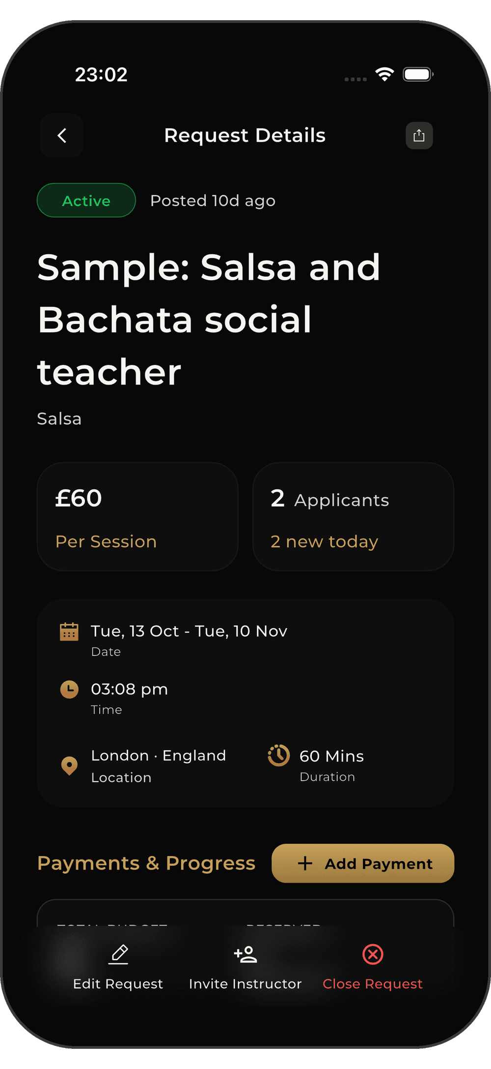 Request details for a salsa and bachata social teacher