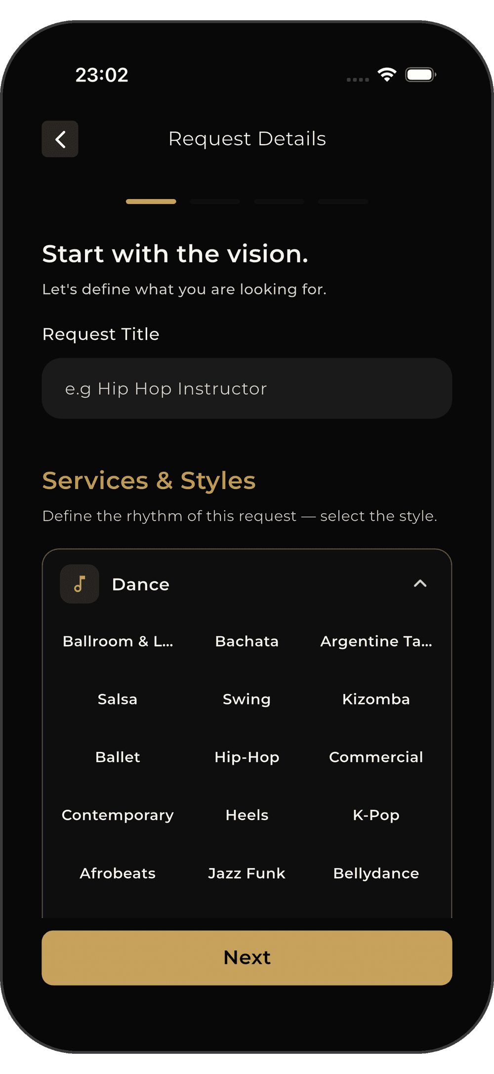 Request Details: request title and dance styles