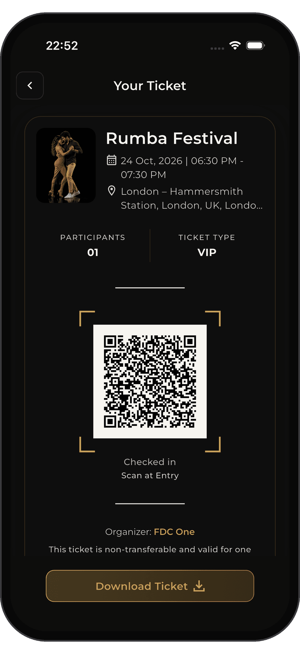 Your Ticket screen with the QR code for Rumba Festival