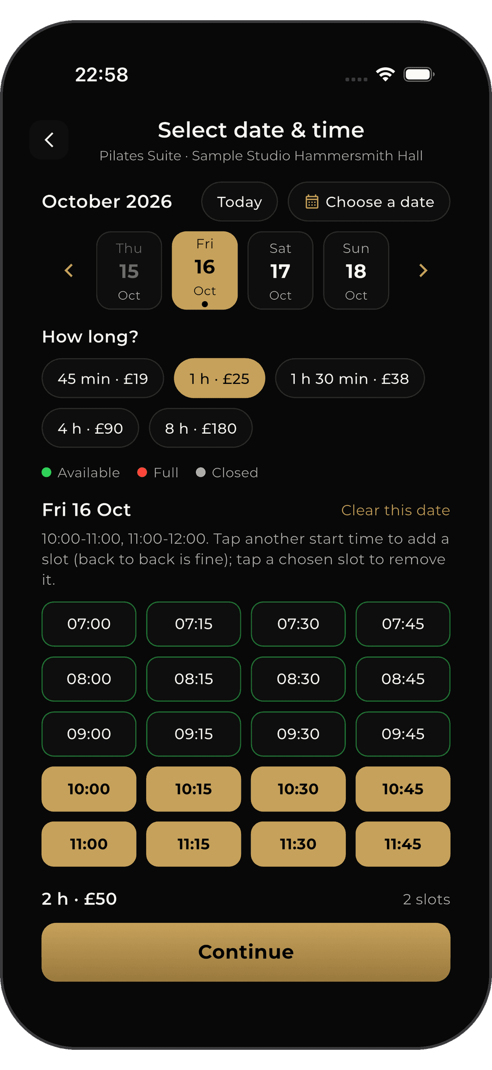 Select date and time, with session lengths and prices