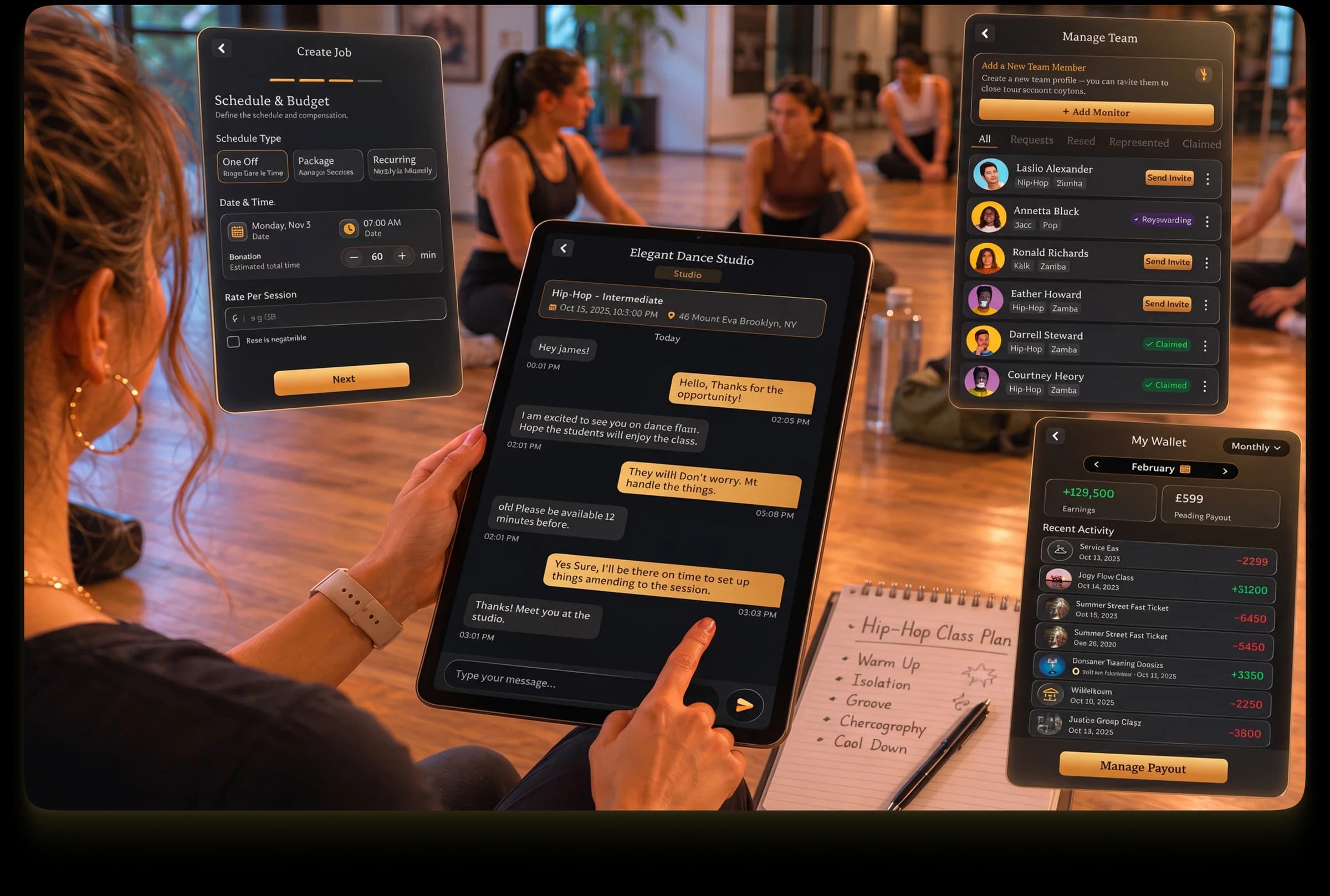 FDC One studio management dashboard with talent filters, chat, and escrow