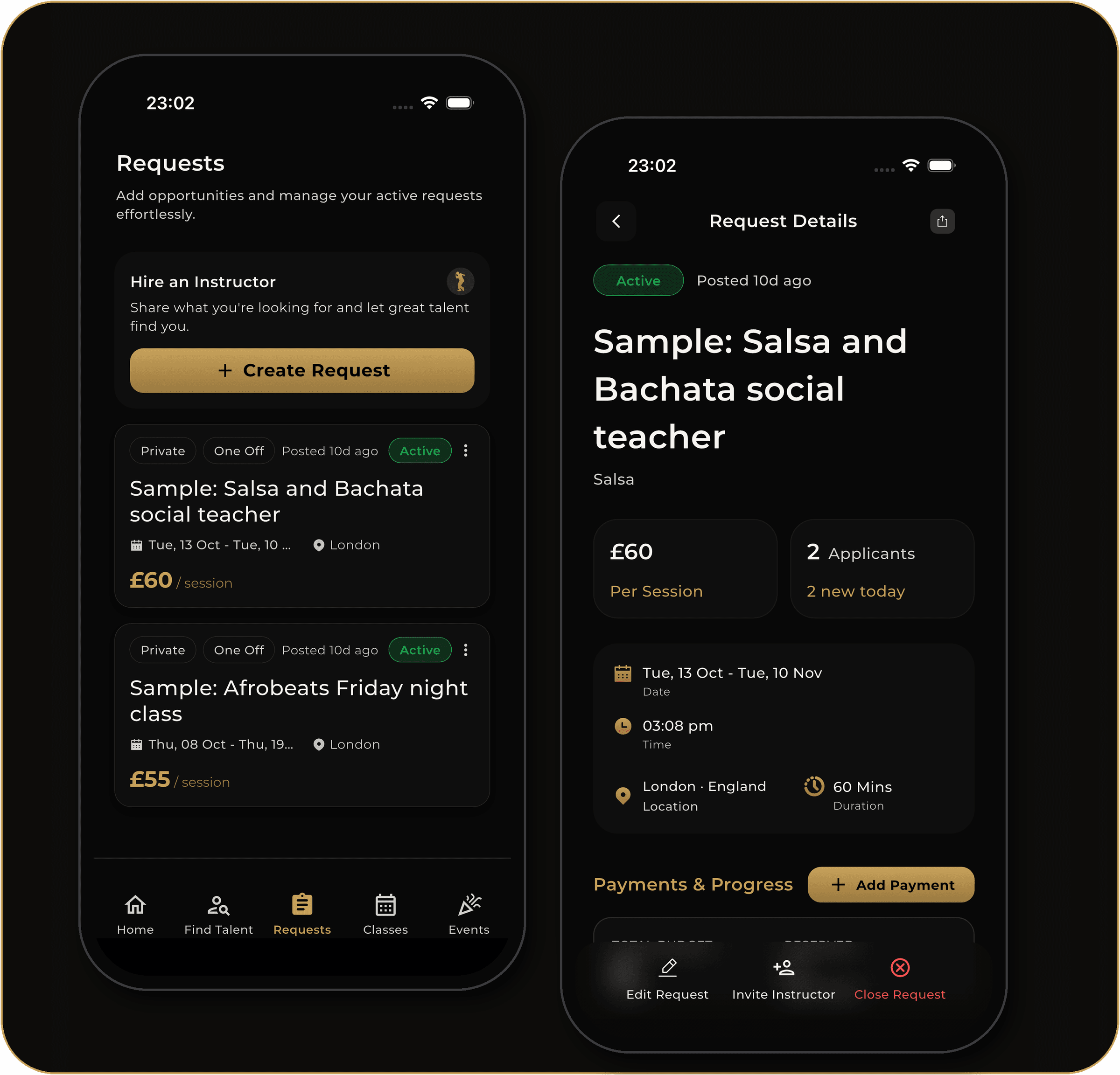 FDC One instructor app showing job listings and wallet